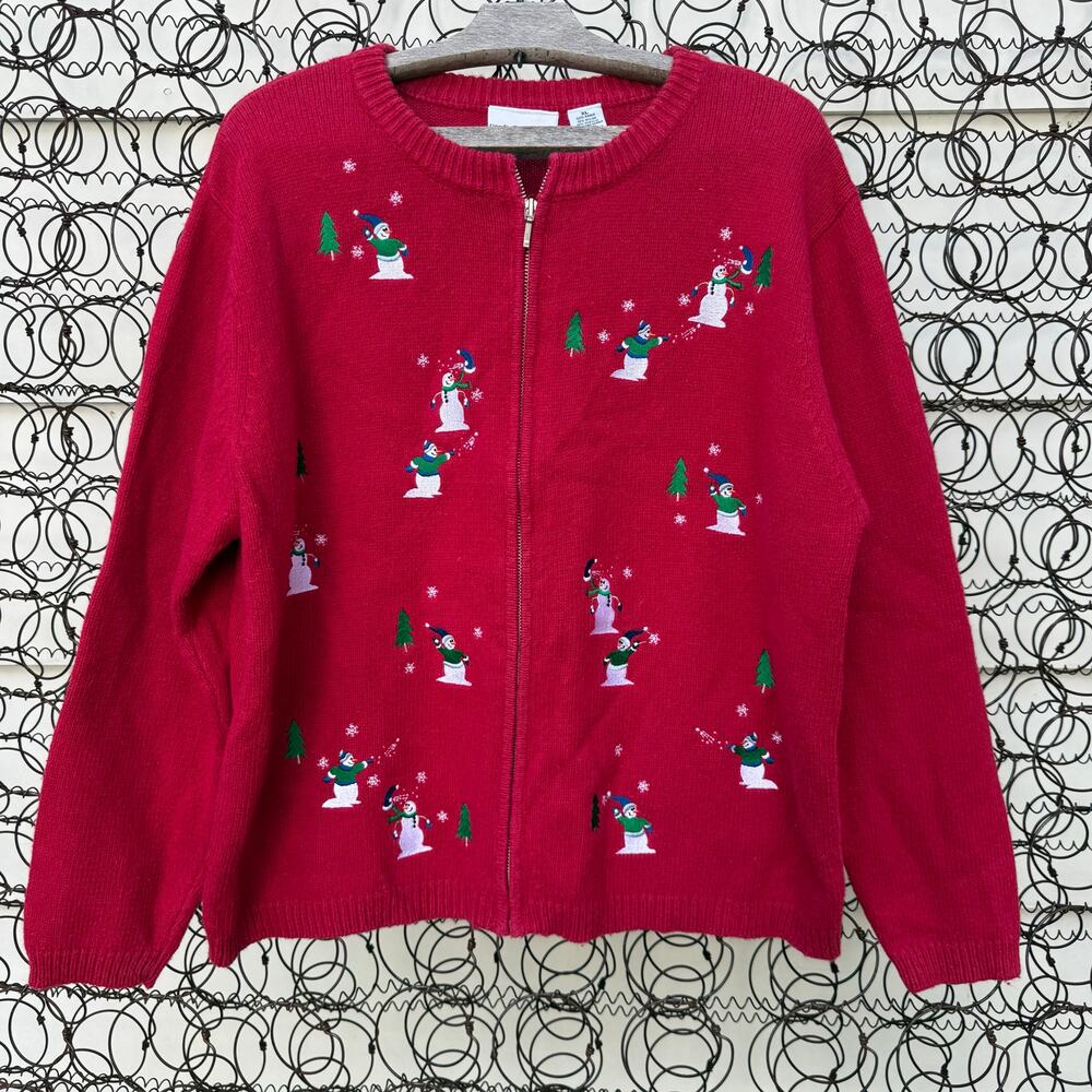 Vintage 90s Christmas Winter Red Snowmen Embroidered Cardigan Sweater Zip Up XL